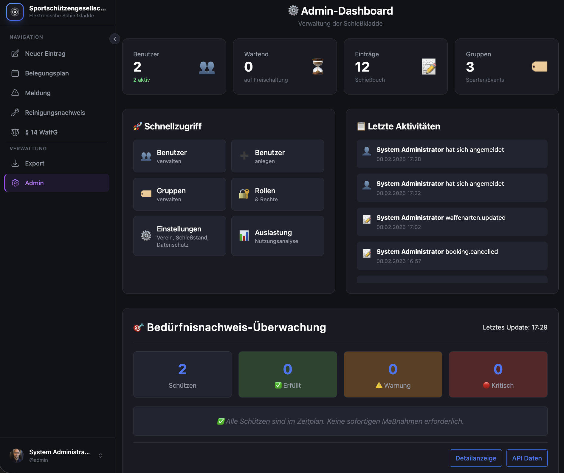 Elektronische Schießkladde – Admin Dashboard der digitalen Schießstand-Verwaltung