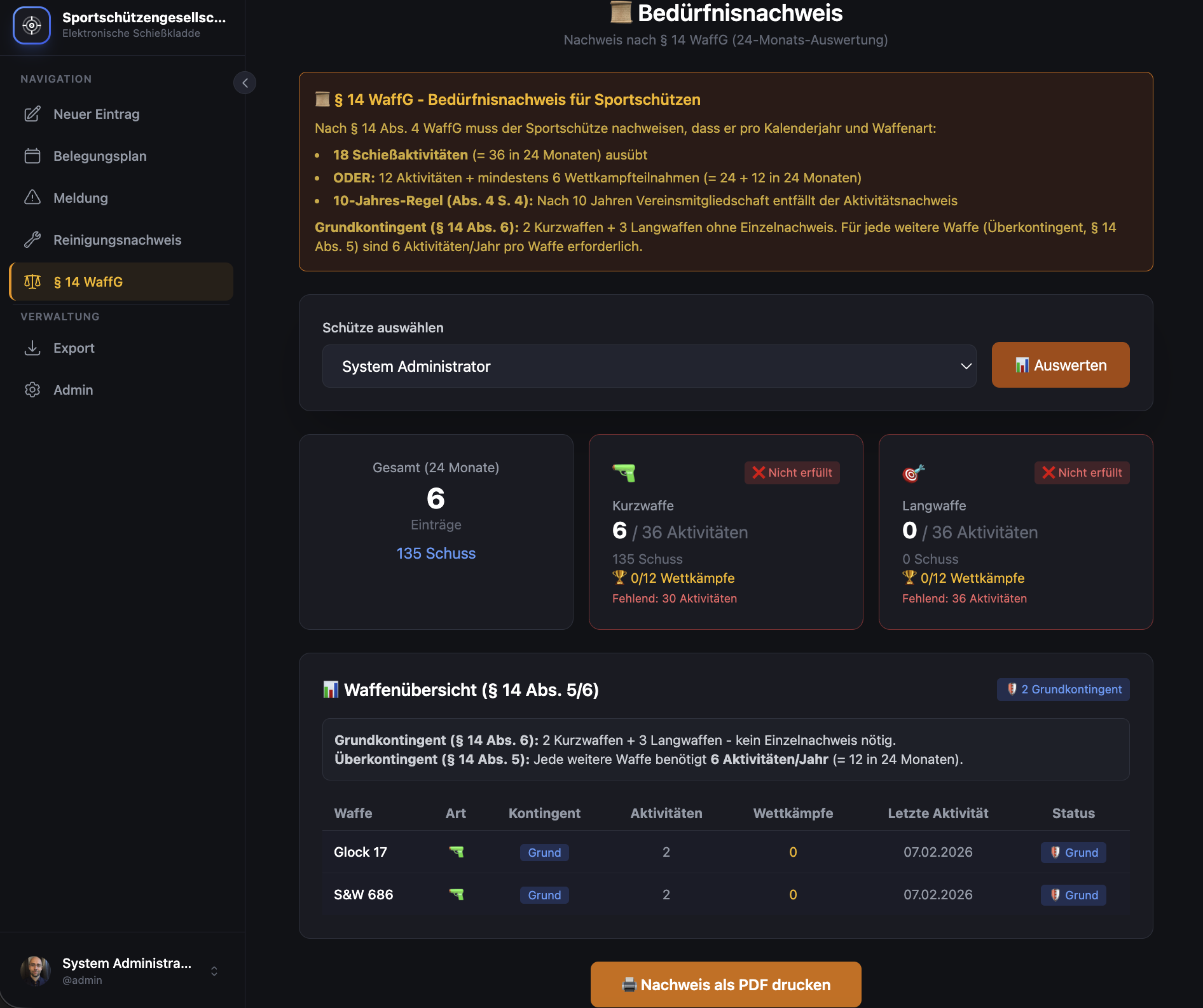 Elektronische Schießkladde – Bedürfnisnachweis nach § 14 WaffG
