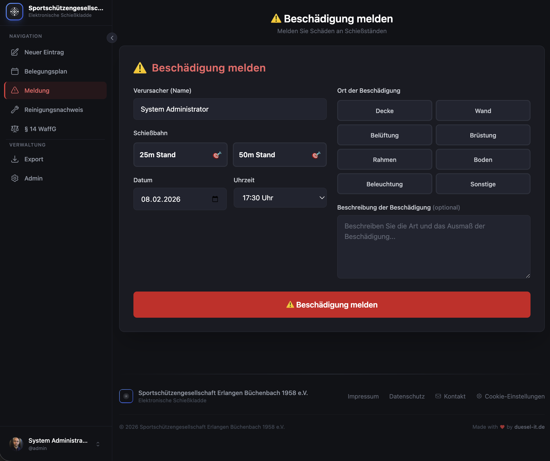 Elektronische Schießkladde – Beschädigungsmeldung am Schießstand