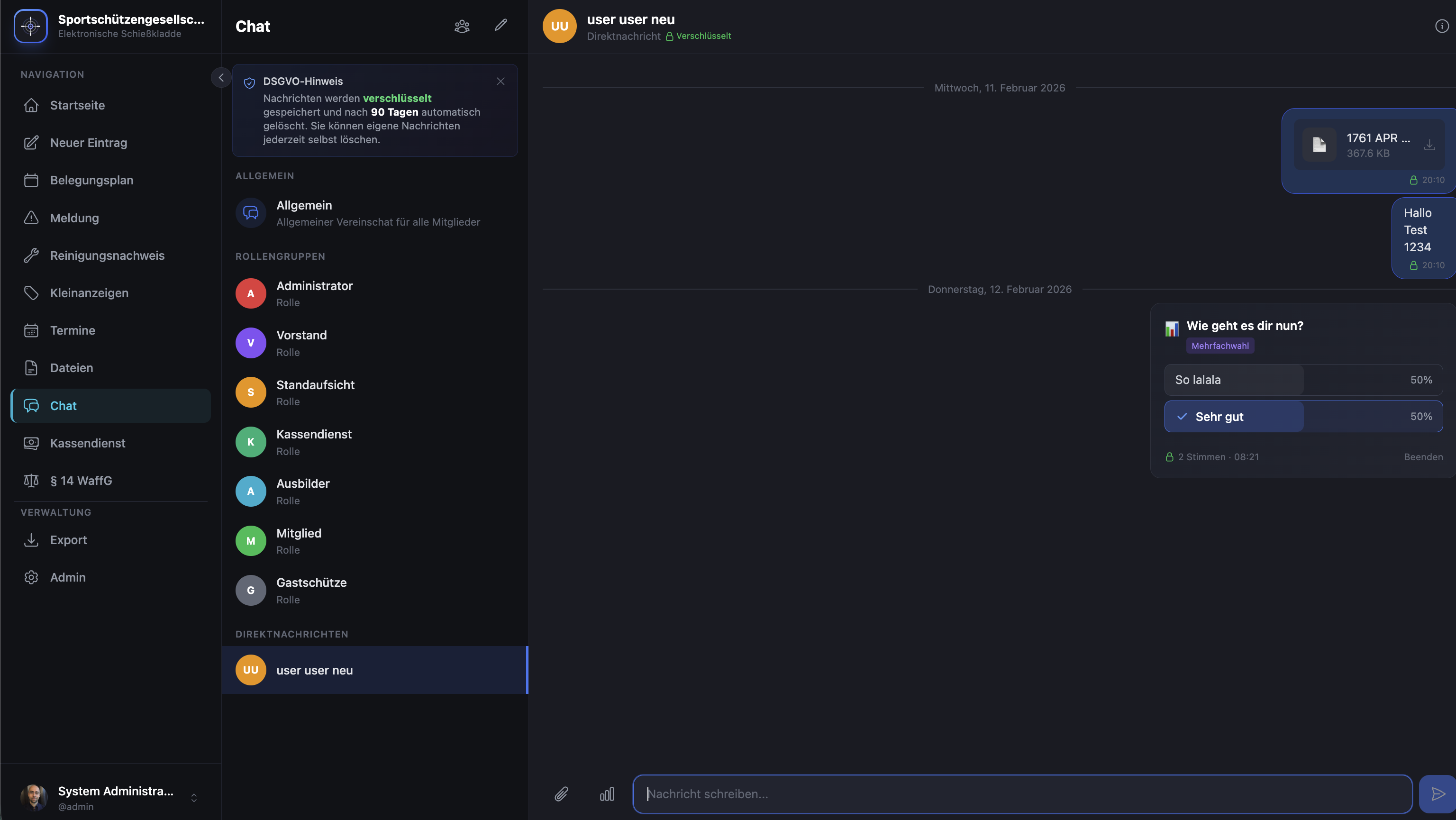 Kladdify Vereins-Chat – AES-256-GCM verschlüsselter Chat für Schützenvereine