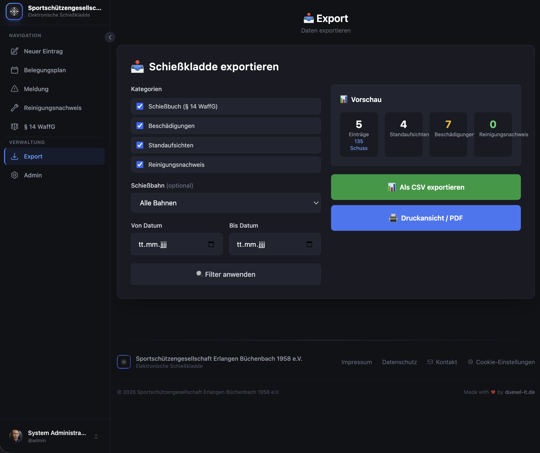 Digitale Schießkladde – CSV- und PDF-Export der Schießaktivitäten