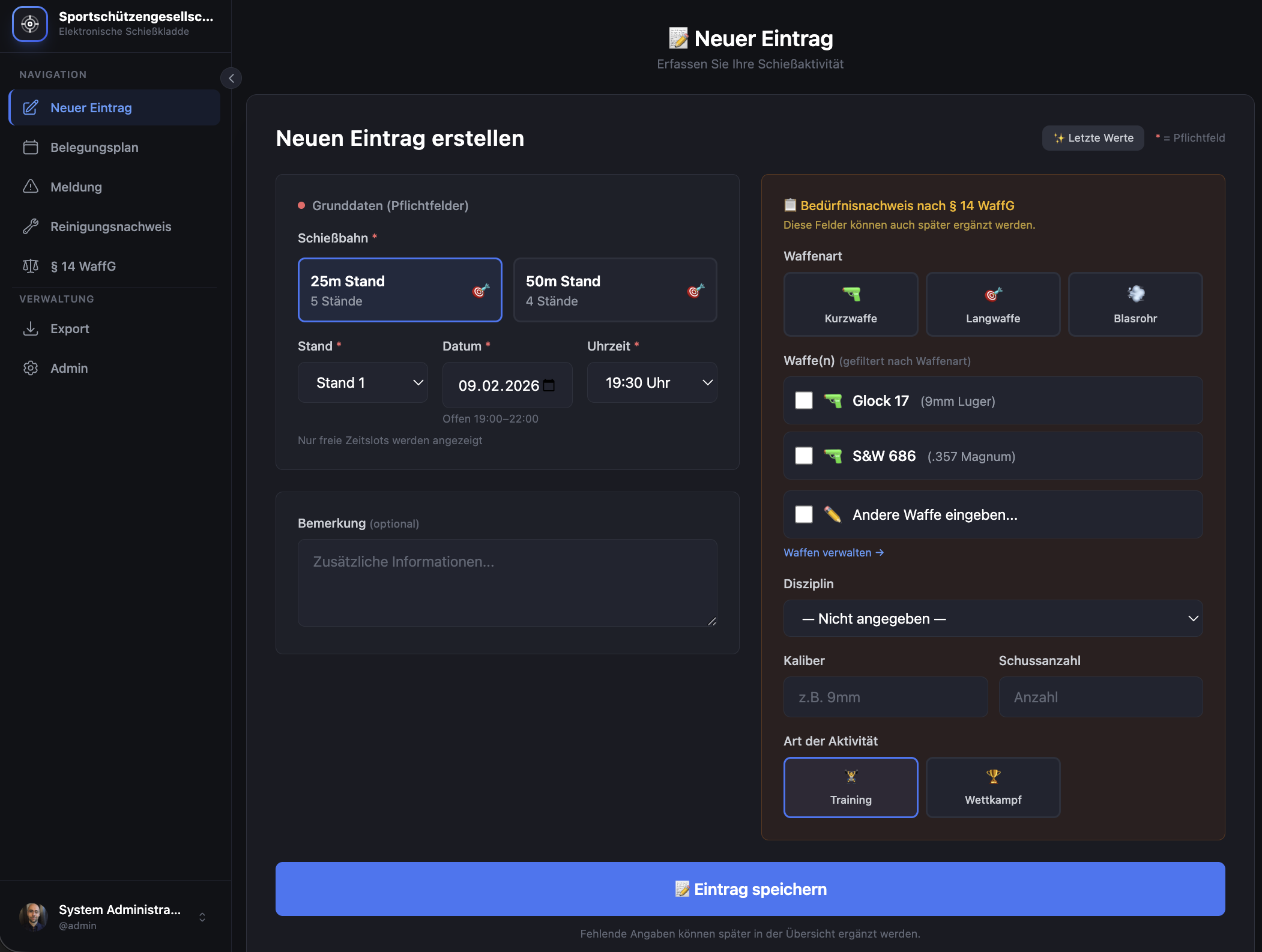 Digitale Schießkladde – Neuen Schießeintrag erfassen