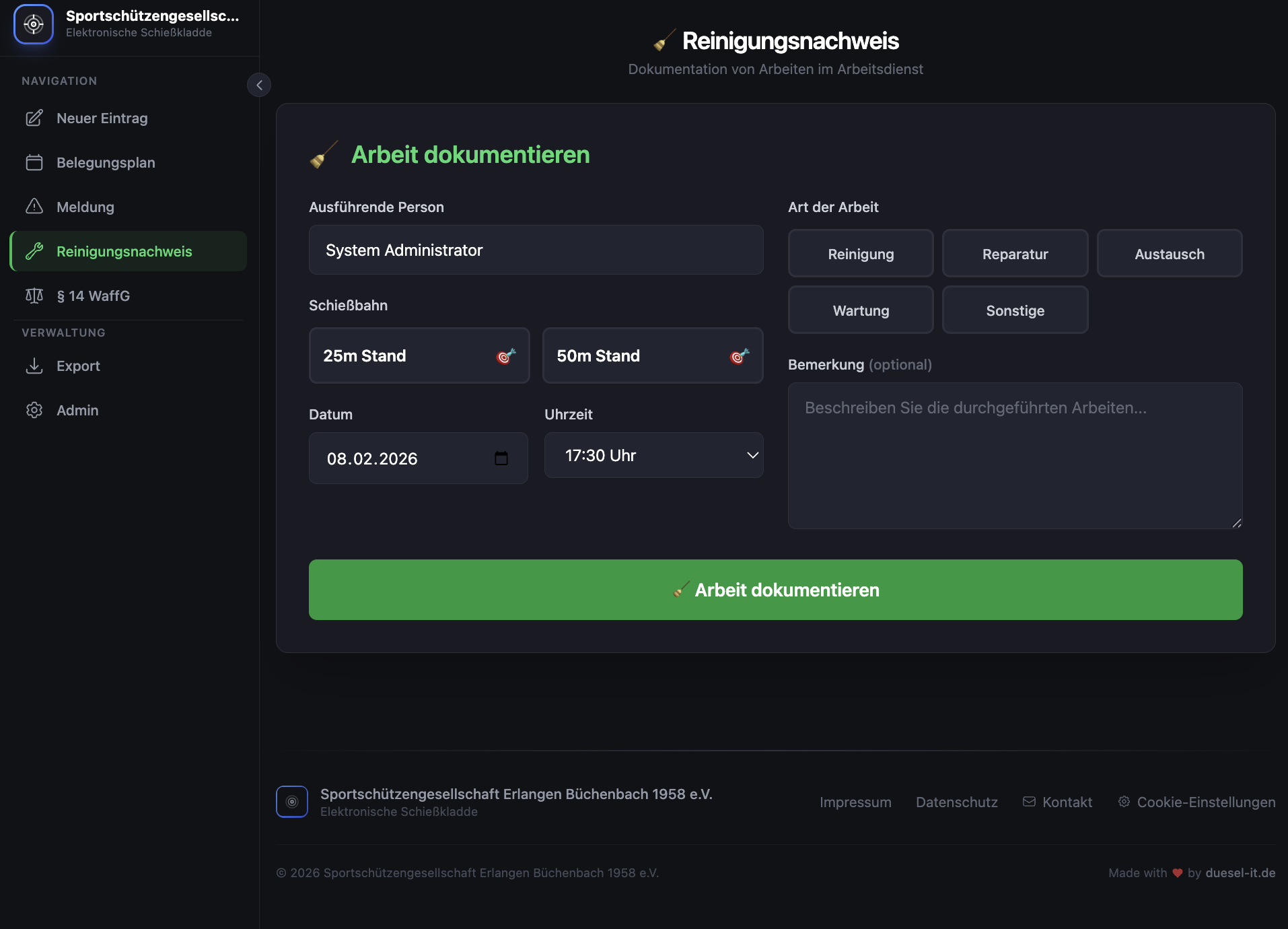 Elektronische Schießkladde – Reinigungsnachweis für Schießstand-Wartung
